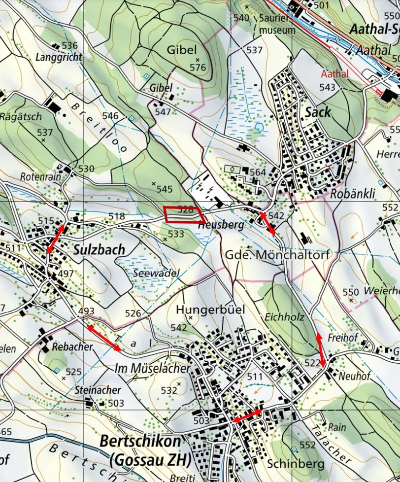 Die Umleitung führt durch den Gossauer Ortsteil Bertschikon. Karte der Sperrung der Heusbergstrasse